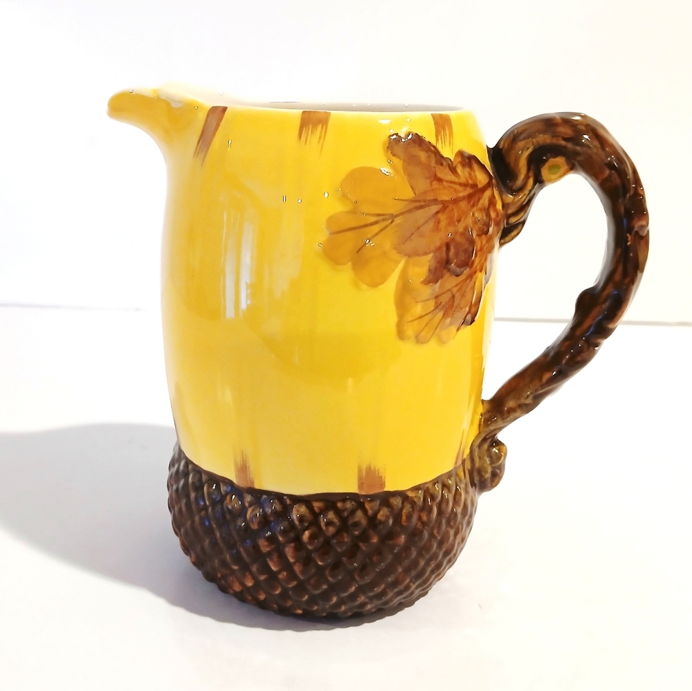 Vintage Yellow and Brown Ceramic Pitcher Acorn Oak Tree Details